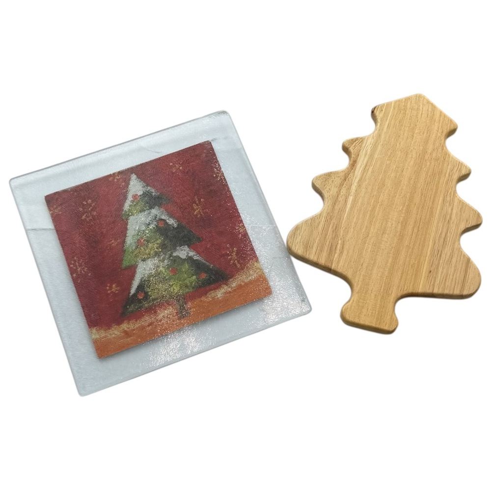 Christmas Tree Decor Set Wood Tree & Glass Tile Holiday Cutting Boards Set of 2